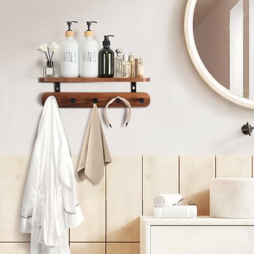 Coat Rack Wall Mount with Shelf, 17" Walnut Wood Wall Shelf with Hooks, Entryway Floating Shelves with 5 Metal Hangers for Coats, Backpacks, Living Room, Bedroom, Bathroom - Image 6