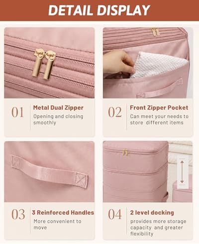 Ultra Space Saving Self Compression Organizers, 4 Pack Double Zipper Compression Packing Cubes for Bedding, Comforter Storage Bag for Blankets Duvet Quilts Pillows Queen King (Pink, X-Large) - Image 5