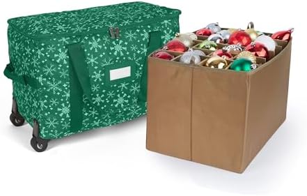 Covermates Keepsakes Rolling Adjustable Ornament Storage Bag – Heavy-Duty Polyester, FlexGrid Trays & Padded Dividers – Protective Holiday Organizer with Wheels, Handles & ID Window, Green Snowflake by Covermates