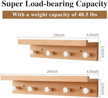 Wall Hooks with Shelf 24 inch, Beech Wood Entryway Wall with 5 Hooks, Floating Shelf Coat Rack for Bathroom, Living Room, Bedroom - Image 6