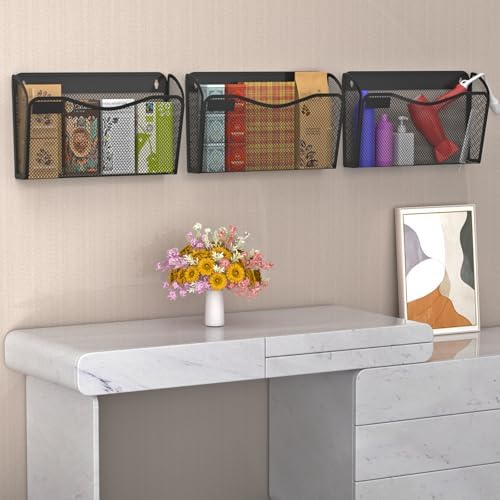 BOHDK Wall File Organizer, 6 Single Pockets Mesh Hanging File Organizer, Mount Document Magazine Rack with Labels, Hanging File Folders for Office, Home and School, Black - Image 5