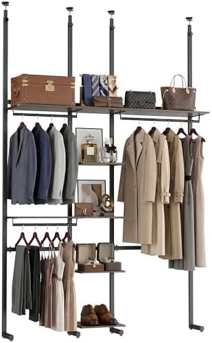 MZG Closet Organizer System, Freestanding Closet System with Wood Shelves & Hanging Rod, Adjustable Floor-to-Ceiling Open Wardrobe for Bedroom, Apartment & Walk-In Closet (16.8" D x72.1 W x 137.9" H) by MEIGAOPLASTICANDMETALHKCOLIMITED