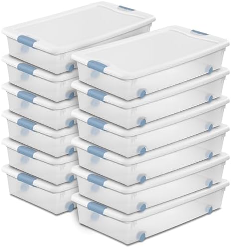 Sterilite Latching Storage Box, Stackable Bin with Latch Lid, Plastic Container to Organize Closet Shelf, Clear with White Lid, 56 Quart, 12-Pack by Sterilite
