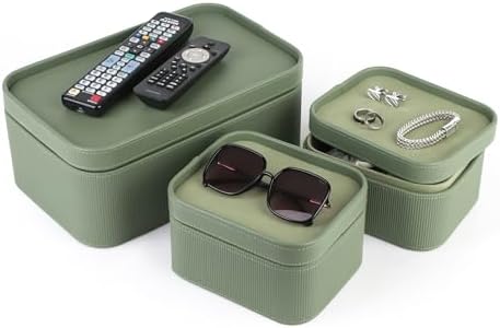HofferRuffer Faux Leather Decorative Storage Boxes, Dust proof Storage Shelf Baskets with Lids Trays, Storage Bins Memory Box Organizer for Home, Office, Jewelry & More, Set of 3 (Green) - Image 3