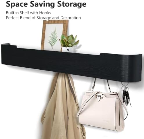 Coat Rack Wall Mount with Shelf 8 Hidden Hooks Modern Wooden Key Holder Entryway Organizer for Hallway Bedroom Bathroom Home Decor Storage for Hanging Coats Hats Bags Towels, Black - Image 2