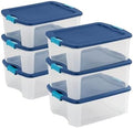 Sterilite 12 Gal Latch and Carry, Stackable Storage Bin with Latching Lid, Plastic Container to Organize Closets, Clear with Blue Lid, 6-Pack by Sterilite