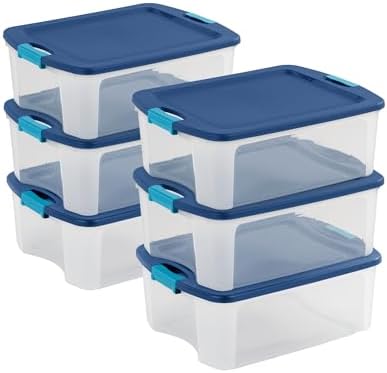 Sterilite 12 Gal Latch and Carry, Stackable Storage Bin with Latching Lid, Plastic Container to Organize Closets, Clear with Blue Lid, 6-Pack by Sterilite