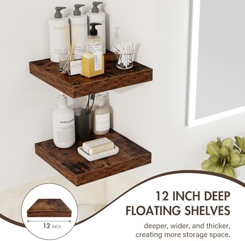 Acovy 12 Inch Floating Shelves, 12" Deep Floating Shelf Wall Mounted, 12" Wall Shelves, Rustic Deep Bookshelf, Extra Deeper Display Shelves & Storage Shelves for Bedroom, Living Room, Set of 3 - Image 5