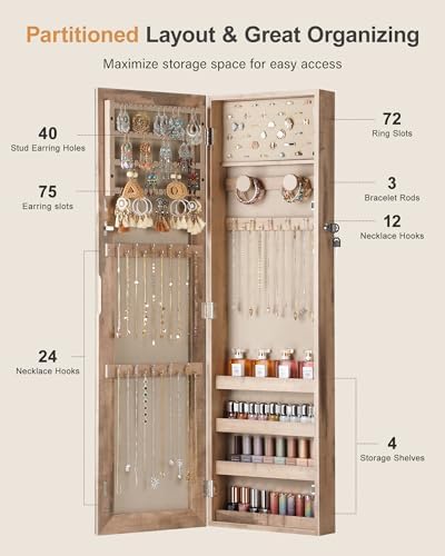 Nicetree Mirror Jewelry Cabinet, Full Length Mirror, Wall Mounted, Oak - Image 3