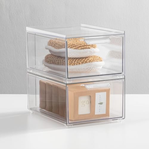 mDesign Plastic Bathroom Organizer Bin w/Pull Out Drawer - Slim Stackable Storage Container for Bathroom Accessories - Perfect for Organizing Bathroom Cabinet - Lumiere Collection - 8 Pack - Clear - Image 2