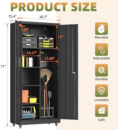 71''H Metal Garage Storage Cabinet with Wheels, Broom Cabinet with Lock - Image 3