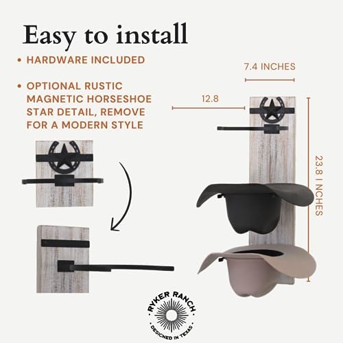 Ryker Ranch Cowboy Hat Rack for Wall | Western Hat Rack for Cowboy Hats | Rustic White Wood and Metal Cowboy Hat Holder for Wall | Cowboy Hat Hanger for Farmhouse Decor - Image 4