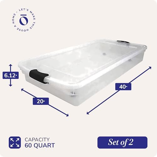 HOMZ Under Bed Clear Plastic Storage Bin w/Lid, 60 Qt, Gray Latch, 2 Pack - Image 4