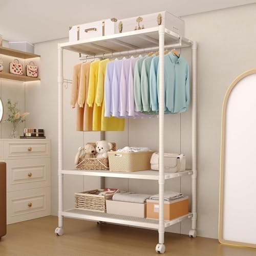 Rolling Clothing Rack Metal Wardrobe Rack 695LBS with Shelves White - Image 2