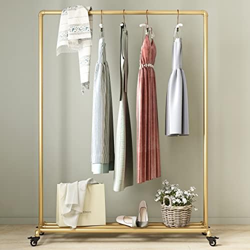 Industrial Gold Clothing Racks on Wheels, Boutique Display Gold Clothes Rack with Shelf, Rolling Garment Rack for Retail Use by FONECHIN