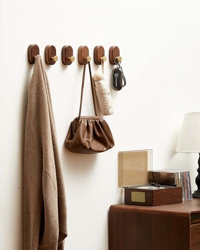 Wood Coat Hooks Wall Mount - Modern Walnut Coat Hook with Brass Accent for Hanging Clothes,Keys,Purse,Robes,Towel,Backpacks, Single Brass Wall Hooks Heavy Duty for Entryway, Closet, Bathroom (6 Pack) - Image 2