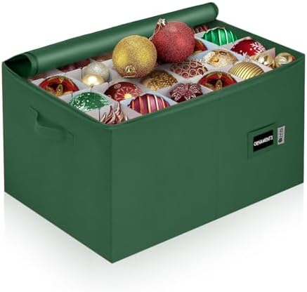 Christmas Ornament Storage Container with Dividers - Box Stores Up to 96 Ornaments, Zippered, Convenient, Adjustable, Large Organizer Bin to Protect Holiday Décor, Fits Most Standard Size, Green by HOLDN%E2%80%99STORAGE