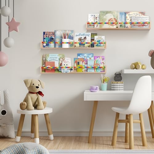 birola Nursery Book Shelves Set of 3,Wood Floating Book Shelves for Wall,Wall Book Shelf for Kids，Bathroom Decor, Kitchen Spice Rack (Five-Color Beads) - Image 5