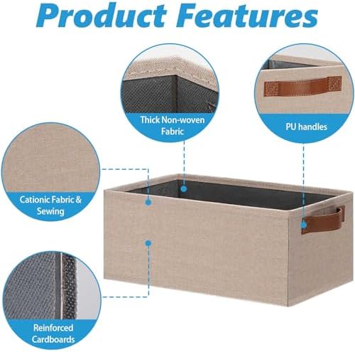 GhvyenntteS Small Fabric Storage Bins 12 Pack, 11.8" x 7.87" x 5.11" Storage Basket with Leather Handles, Closet Storage Bins for Shelves, Storage Baskets for Shelves, DVD Storage (Beige Yellow) - Image 3