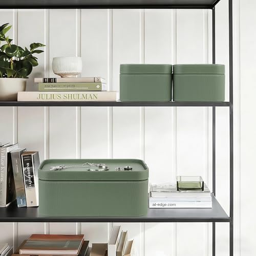 HofferRuffer Faux Leather Decorative Storage Boxes, Dust proof Storage Shelf Baskets with Lids Trays, Storage Bins Memory Box Organizer for Home, Office, Jewelry & More, Set of 3 (Green) - Image 5