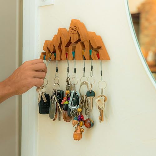 Wall Key Holder Solid Cherry Wood with 8 Hooks, Mountain Design XL - Image 7
