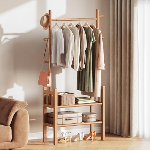 Yoobure Solid Wood Clothing Rack with Shelves - Coat Rack Freestanding with 6 Hooks, 3-in-1 Hall Tree for Hanging Clothes, Tall Garment Racks with Storage for Bedroom, Entryway, Living Room, Closet - Image 4
