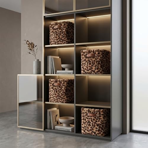 FoldTier 4 Pcs Brown Foldable Leopard Faux Fur Storage Cubes 11 Inch - Image 2