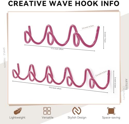 Coat Rack Wall Mount, Creative Wave Wall Hooks 20KG Capacity, Easy Installation, Multi-Purpose Hooks for Coat, Hat, Bag, Umbrella (Pink, 49cm x 7.5cm (19.29" x 2.95")) - Image 2