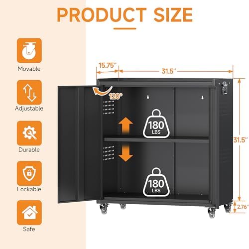 34" Metal Garage Storage Cabinet with Wheels, Adjustable Rolling Tool Storage Cabinet with Lock, Steel Locking Tool Cabinet with Doors and Shelves for Garage, Warehouse（Black） - Image 3