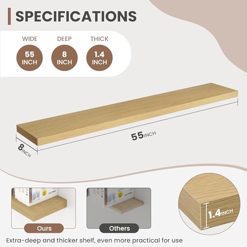 Acovy 55 Inch Floating Shelves, 8 Inch Deep Floating Shelves for Wall, Hanging Shelf with Invisible Brackets, Deep Shelves for Bathroom, Bedroom, Living Room, Oak, Set of 2 - Image 3