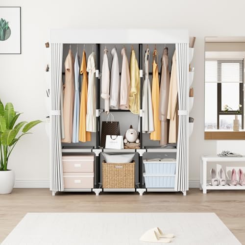 Portable Closet with Cover, 3 Hanging Rods and Side Pocket, Sturdy Free Standing Closet, White - Image 2