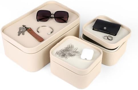 HofferRuffer Faux Leather Decorative Storage Boxes, Dust proof Storage Shelf Baskets with Lids Trays, Storage Bins Memory Box Organizer for Home, Office, Jewelry & More, Set of 3 (Beige) - Image 3