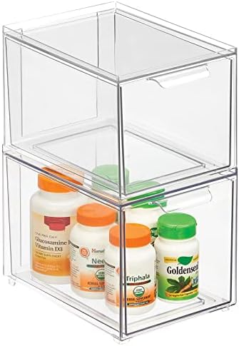 mDesign Plastic Bathroom Organizer Bin w/Pull Out Drawer - Slim Stackable Storage Container for Bathroom Accessories - Perfect for Organizing Bathroom Cabinet - Lumiere Collection - 2 Pack - Clear by mDesign
