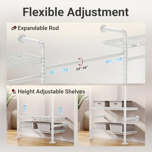 Timate F3 Garment Rack Heavy Duty Clothes Rack for Hanging Clothes, Expandable Industrial Pipe Wall Mounted Clothing Rack, Adjustable Storage Closet Wardrobe Closets System, White - Image 6