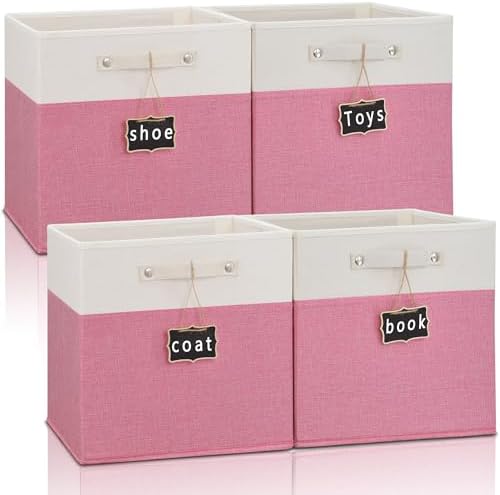 Storage Cubes,13 x 15 x 13 storage cubes,Foldable Fabric Storage Cubes with Labels 4 Pack,Linen Cube Storage Organizer Bins Kallax Storage Cubes for Organizing Shelves Cabinet(White pink). by Storageexperts