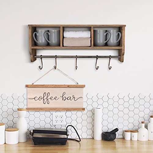 HBCY Creations Wall Mounted Shelf with Coat Hooks and Baskets, Solid Wood Entryway Organizer Wall Shelf with Hooks - Hang Coats, Keys or Coffee Mugs, Rustic Brown 24" Wide - Image 3