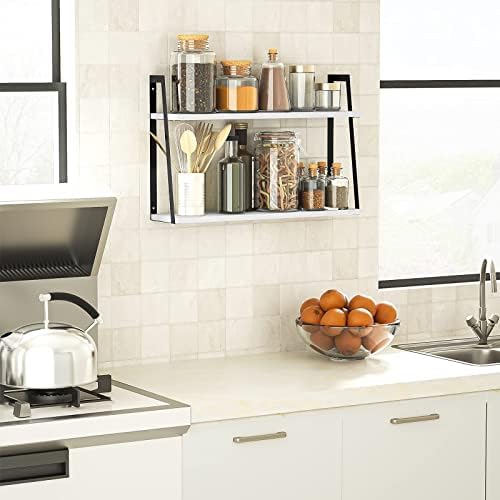SRIWATANA White 2-Tier Floating Wall Shelves, Rustic Wood Storage Shelf Set - Image 4