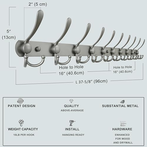 Dseap Coat Rack Wall Mount - 38” Long 10-Tri-Hooks Heavy Duty Coat Hanger Rail Wall Hooks for Hanging Coats Hats Clothing Clothes Purse Mudroom Entryway, Gray, Pack of 2 - Image 6