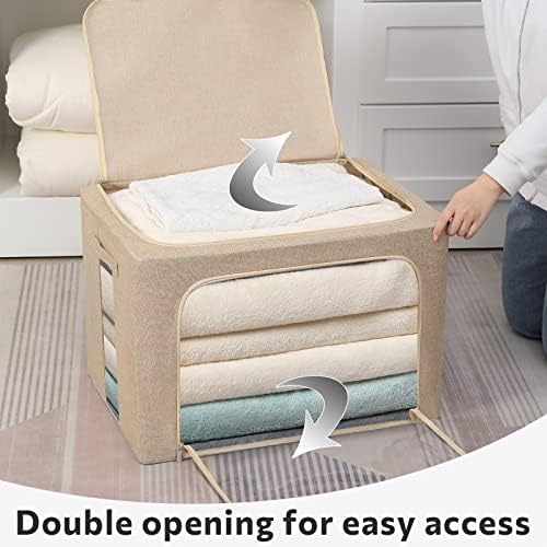 FHSQX 2 Pack Clear Window Storage Bins - Large Stackable Linen Fabric Storage for Clothes Foldable Container Organizer Set with Carrying Handles (Beige, 19.7x 15.7x 12.6 Inch) - Image 2