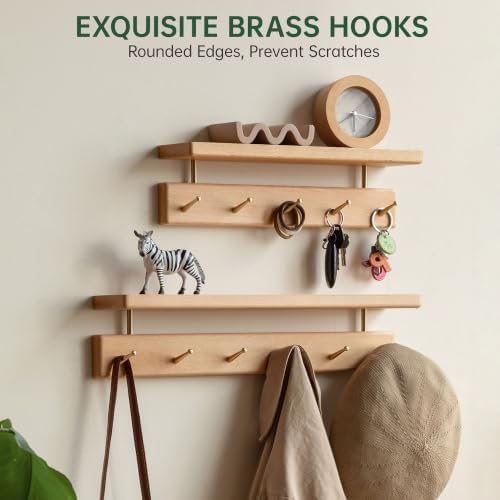 Solid Wood Wall Hooks with Shelf, Coat Rack Wall Mount, Entryway Hanging Shelf with 6 Brass Hooks for Hats, Clothes, Towels, Bags, Beech Wood, Natural - Image 4