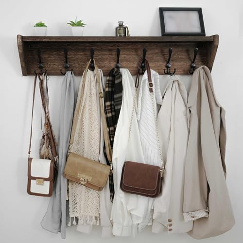 WEBI Coat Rack Wall Mount with Shelf,35" Long Wall Shelf with Hooks Underneath,7 Triple Hooks for Entryway,Hallway,Bedroom,Weathered Brown - Image 2