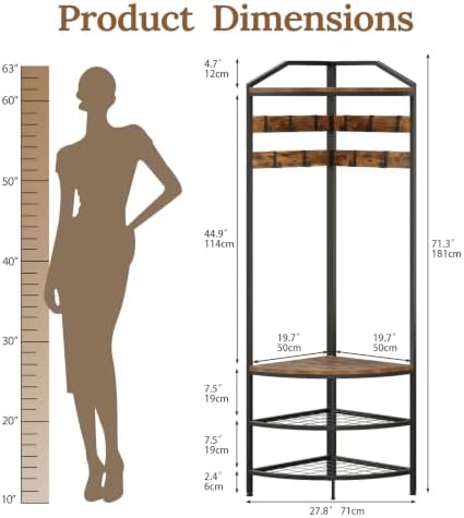 GiftGo Corner Hall Tree with Shoe Bench Entryway Coat Rack with 10 Metal Movable Hooks Floor Standing Clothes Rack Shoes Shelf Organizer for Home Office Bedroom (Rustic Brown) - Image 3