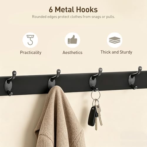 RALGEND 29" Coat Rack Wall Mount Shelf, Wall Shelf with 6 Hooks, Long Coat Hangers for Living Room, Entryway Storage Organizer, Wooden Floating Shelves for Bathroom, Bedroom, Kitchen, Black 7401BJBB - Image 4
