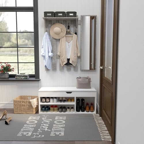 39.4" Coat Rack Wall Mount with Mirror, Wall Shelf with 5 Hooks and Storage for Hallway Entryway Modern (Grey) - Image 6