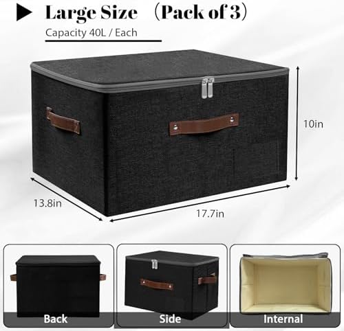 ANMINY Storage Box Fabric Bins with Zipper Lid, 17.7"x13.8"x10" Black, 3PCS - Image 6