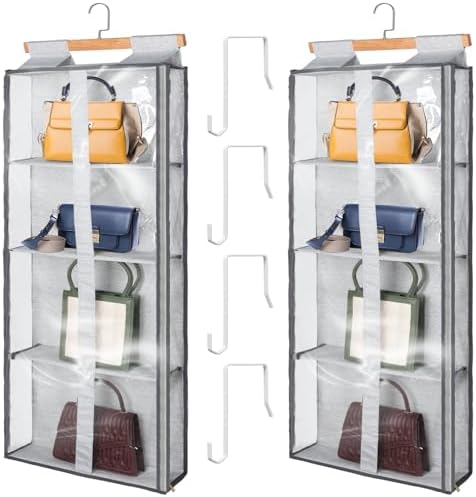 Silkfly 2 Pack Hanging Purse Organizer with Zipper for Closet Handbag Storage PVC Mesh Shelves with 4 Pockets for Bedroom Door Wardrobe Shelf Rack Space Saving(Gray) by Silkfly