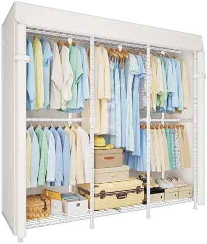 ULIFHOME E14C Heavy Duty Closet Organizer System，Freestanding Clothing Racks for Hanging Clothes，Adjustable Garment Rack 58" W × 16" D × 77" H Hold 860 lbs，White Rack with White Cover by UlifHome