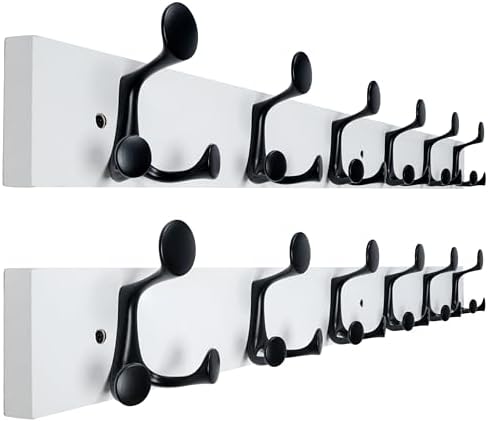 WEBI Coat Rack Wall Mount,36" Solid Wood Coat Hooks Wall Mounted Coat Hanger,16" Hole to Hole,Heavy Duty Hook Rack Rail,6 Triple Hooks for Hanging Coats,Jacket,Clothes,Hat,Backpack,White,2 Packs by WEBI