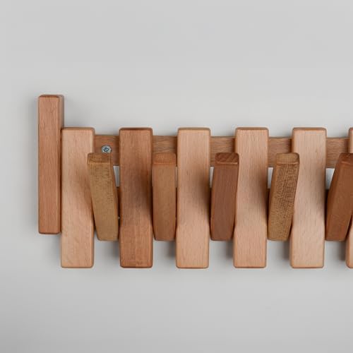 Beech Piano Key Coat Rack with 12 Flip Hooks, Natural - Image 2