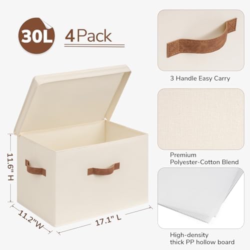 CHICVITA 4-Pack Large Fabric Storage Bins with Lids for Shelves, Ivory - Image 4